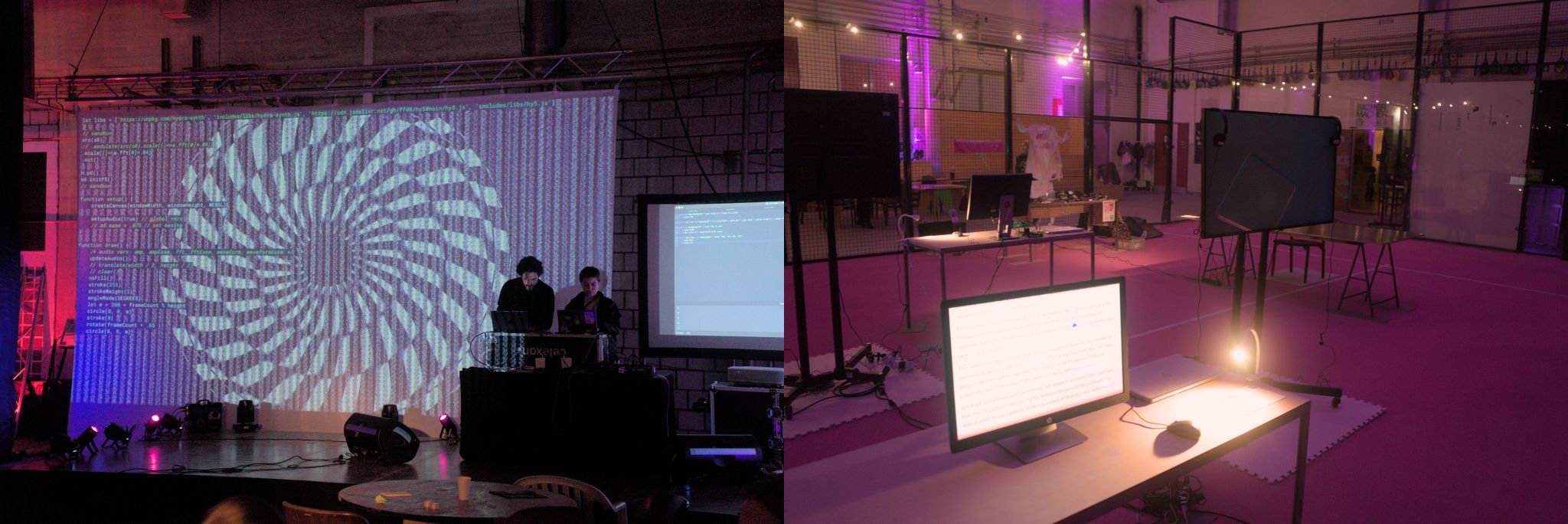 links ein Bild mit zwei Personen vor einer Leinwand, rechts Tische und Monitore